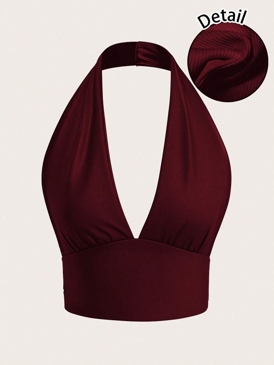 SHEIN EZwear Áo hai dây cổ yếm bó sát hở lưng gợi cảm dành cho nữ, đa năng, chất liệu PU - Màu Đỏ Sâu - Xem 1