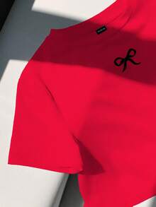 SHEIN EZwear 休闲简约蝴蝶结印花圆领短袖短款修身女式T恤 - 紅色 - 查看 4