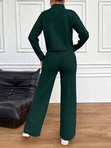 EURMUSE 2pcs Women Casual Solid Color Zip-Up Sweater And Pants Set - Green - View 2