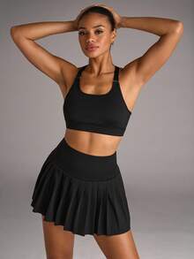 SHEIN BAE Summer Solid Color Cropped Halter Top And Pleated Skirt Sports Two-Piece Set Workout Women Set Gym Women Outfit - Black - View 5
