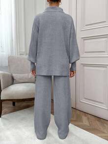 SHEIN Cottnline Rib Pattern Polo Neck Sweater And Pant 2pcs Set - Grey - View 2