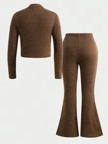 2pcs Tween Girl Solid Color Knit Cropped Polo Neck T-Shirt And Flared Pants Set - Mocha Brown - View 7
