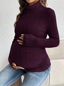 SHEIN Áo thun dài tay cổ cao màu trơn dành cho bà bầu, chất liệu gân, dáng ôm, kiểu dáng thường ngày, thích hợp cho mùa thu. - Màu đỏ tím - Xem 7
