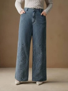 Anewsta Calça Denim Reta de Cintura Alta com Bordado e Recorte Vazado para Mulheres Plus Size, Moda para Primavera e Dia dos Namorados