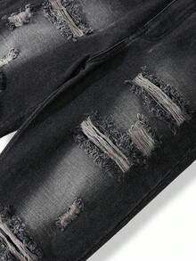 Quần jeans denim rách gối cao cấp dáng rộng thoải mái, thiết kế rách gối chất liệu cotton dành cho bé trai, thời trang dạo phố cổ điển, thu đông - màu đen - Xem 5