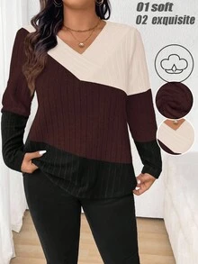SHEIN Plus Size Color Blocking T-Shirt For Spring And Autumn Graphic Tees Women Tops - Multicolor - View 1