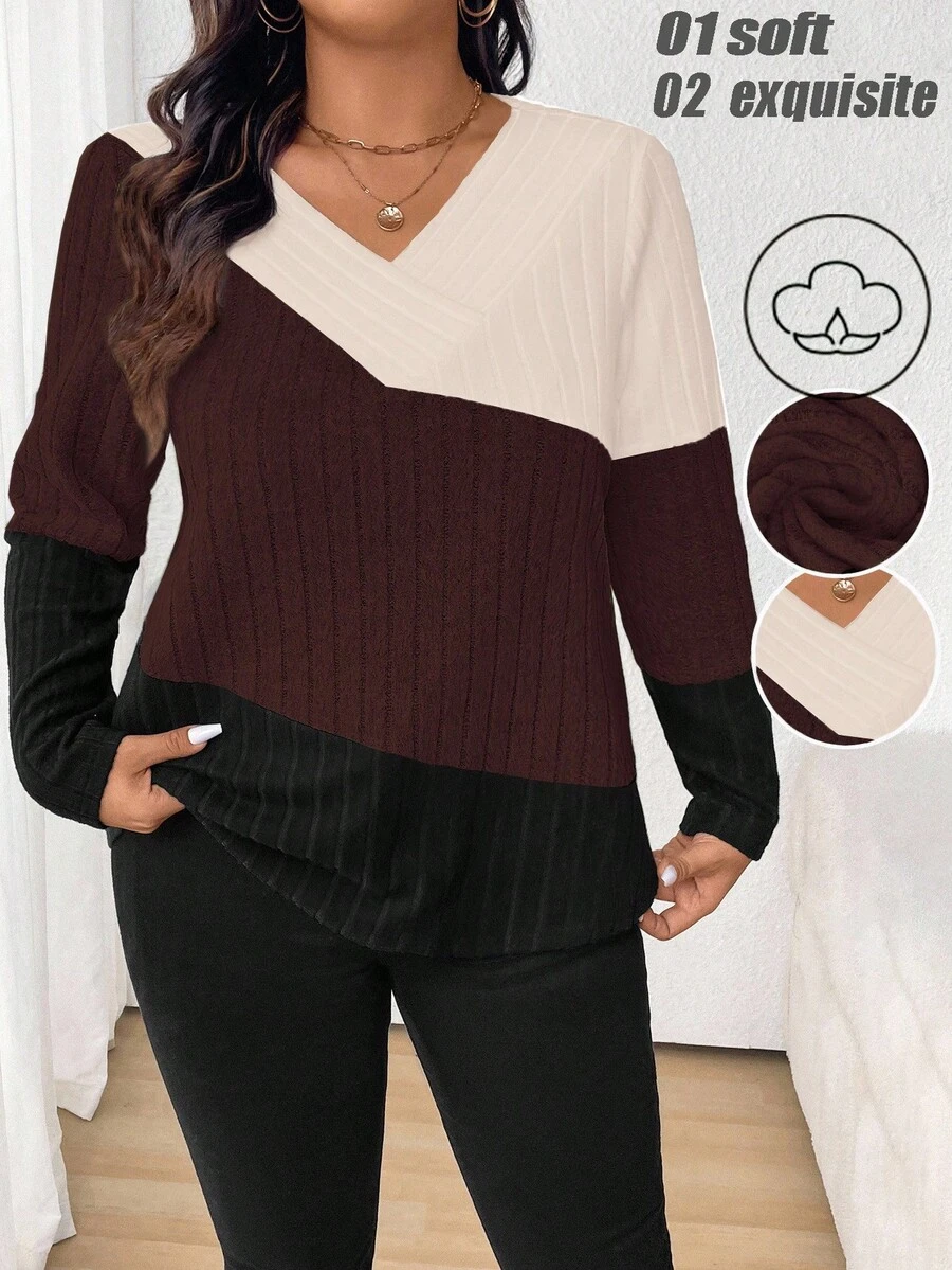 SHEIN Plus Size Color Blocking T-Shirt For Spring And Autumn Graphic Tees Women Tops - Multicolor - View 1