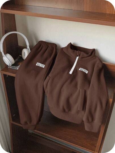 SHEIN 2pcs Young Boys Casual Simple Windproof Warm Thermal Lined 2 Pieces Set, Suitable For Autumn/Winter