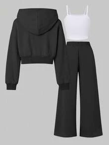 SHEIN ChillGRL 3 件套女童休闲简约吊带背心 + 短款拉链连帽衫 + 阔腿裤套装，适合日常穿着 - 彩色 - 查看 2