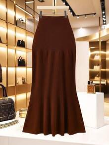 SHEIN Lacomfia Women's Elegant Mermaid Tail Knitted Skirt, Slimming - Brown - View 1