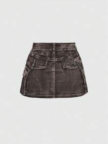ROMWE Kawaii Chân váy denim mini cạp trễ cổ điển Y2K có khóa kéo - màu nâu - Xem 2