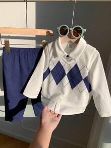 SHEIN 3pcs Baby Boy Casual Argyle Vest,White Shirt,Blue Pants Outfit,Blue And White Striped,Autumn,Casual,Matching Family,Back-To-School,Birthday,Wedding - Navy Blue - View 8