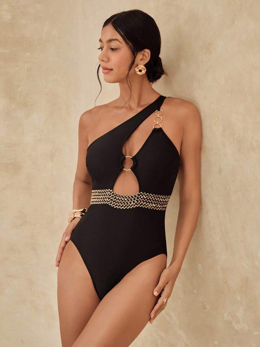 Swim Chiccia Summer Beach Cut Out Ring Linked One Shoulder One Piece Swimsuit - Black - View 1