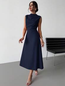 Firerie 女士优雅简约精致浪漫甜美日常通勤婚礼派对音乐节度假褶皱A字迷你连衣裙，红色吊带，婚礼宾客礼服 - 藏蓝色 - 查看 4