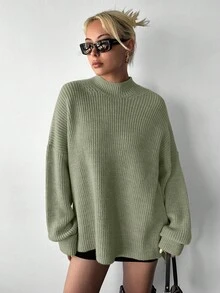 EURMUSE 女士休闲纯色短前长后长毛衣，秋冬款 - 薄荷綠 - 查看 3
