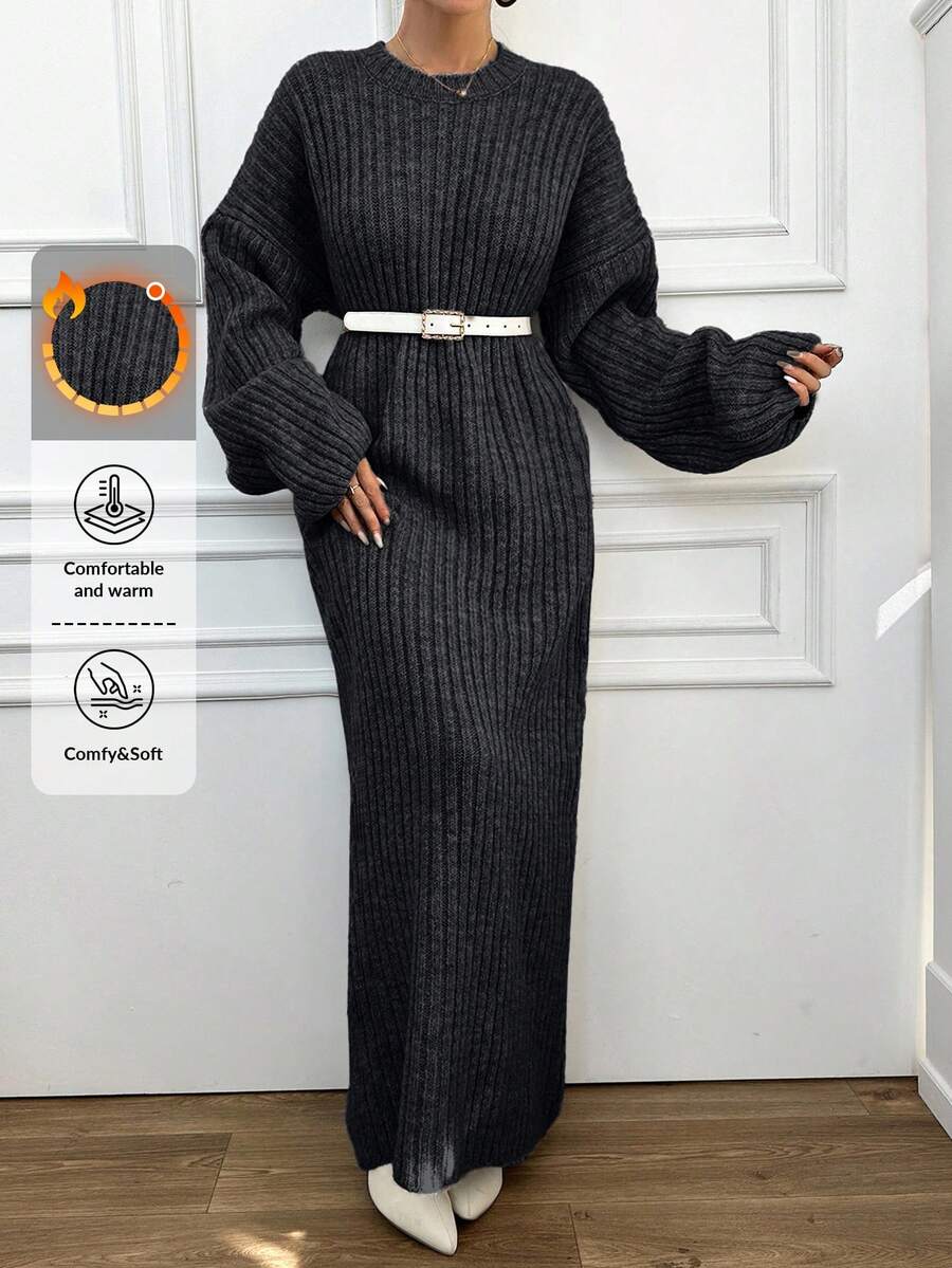 EURMUSE Women's Casual Solid Color Round Neck Long Sleeve Sweater Dress - Dark Grey - View 1