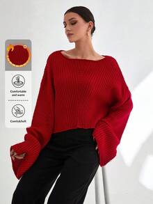 EURMUSE Woman Solid Color Boat Neck Rib Knit Long Sleeve Sweater,Jumper,Cream Jumper,Jumpers For Women,Jumpers,Black Jumper,Womens Jumper,White Jumper,Women's Jumper,Women's Jumpers,Winter Clothes - Red - View 1