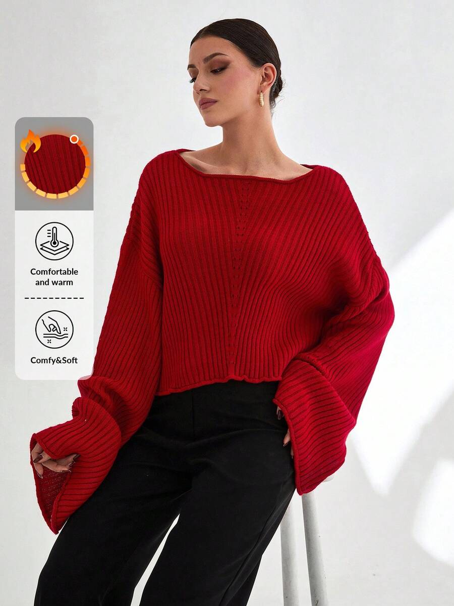 EURMUSE Woman Solid Color Boat Neck Rib Knit Long Sleeve Sweater,Jumper,Cream Jumper,Jumpers For Women,Jumpers,Black Jumper,Womens Jumper,White Jumper,Women's Jumper,Women's Jumpers,Winter Clothes - Red - View 1