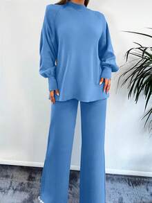 EURMUSE 2Pcs/Set Solid Color Stand Collar Long Sleeve Sweater Top And Pants Set,Petite,Winter Clothes - Blue - View 4
