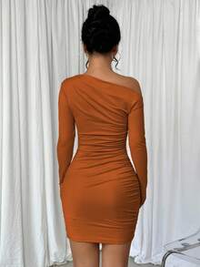 Elenzga Váy dài tay xếp ly bất đối xứng thời trang màu trơn dành cho nữ - Rỉ Nâu - Xem 2