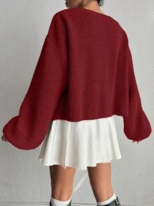 EURMUSE Women's Dropped Shoulder Long Sleeve Bowknot Knit Cardigan - Burgundy - View 2