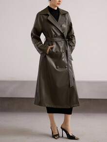 Heiryn Abrigo largo de mujer con cruce, cinturón y manga larga, dunicolordo, elegante, para otoño e invierno - Verde Oscuro - Ver 3
