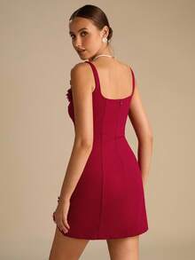 Enchnt Fall/Winter Romantic Women's Red 3D Floral Decor Square Collar Fitted Camisole Mini Dress,Chic&Elegant For Date&Wedding Guest&Prom&Party&Going Out&Halloween&Christmas,Autumn Dresses For Women,Fall Clothes For Women,Autumn Outfits For Women - Red - View 7