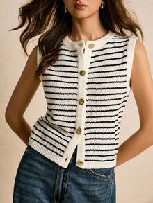 Poéselle 女式秋季条纹金属单排扣休闲针织背心 - 白色 - 查看 1