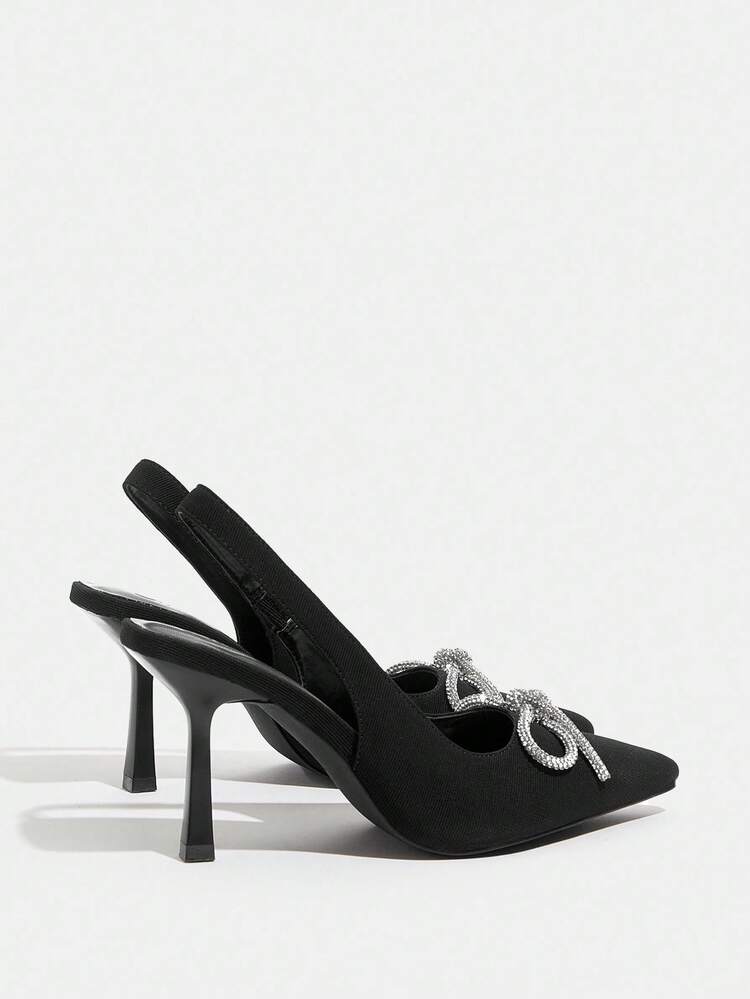 CUCCOO CHICEST Woman Shoes Rhinestone & Bow Fashion Elegant Decor Point Toe Heeled Black Slingback Pumps For Summer Graduation Heels Prom Heels Vacation Shoes Summer Back To School Shoes College Student Shoes Summer Shoes Summer Break Easter For Christmas Elegant Shoes Wedding Shoes Summer Shoes Bride Shoes