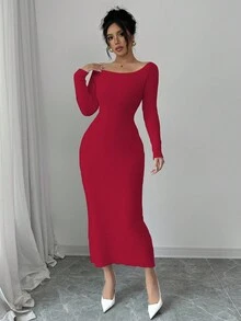 Elenzga Vestido de punto elegante de unicolor, ajustado, con hombros descubiertos, espalda descubierta y lazo, para otoño - Rojo - Ver 4