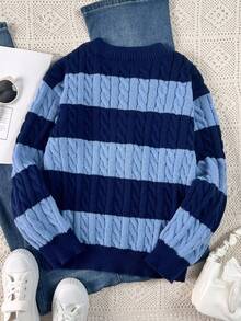SHEIN 女童条纹拼色麻花针织 V 领灯笼袖超大套头衫，适合秋冬外出 - 藍色 - 查看 2