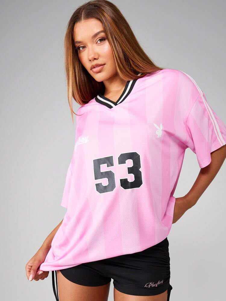 Missguided x Playboy Oversized Pink Baseball Jersey T Shirt Retro Bunny Graphic Number Print Casual Summer Fashion Varsity Top Street Style