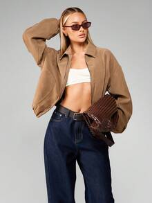 MISSGUIDED Oversized Cropped Bomber Suede Jacket Autumn Winter Fashion Casual Zip Up Outerwear Retro Brown Street Style Everyday Wear With Collar
