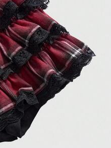 ROMWE Avant Y2K Retro Plaid Cute Sweet Cake Skirt For Women, Suitable For Halloween - Red - View 2