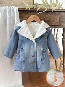 Vintaside Kids Baby Girls' Denim Jacket, Thick Thermal Lining, Soft & Comfortable Fabric, Fashion All-Match Casual Outerwear, Suitable For Spring, Autumn, Winter, Countryside Style - Blue - View 3