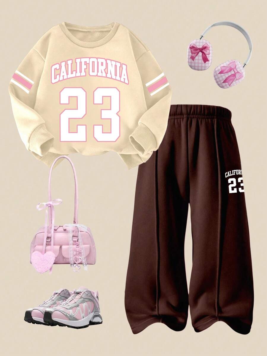 SHEIN Explorewe 2 件套女童休闲抓绒加州 23 图案长袖运动衫和裤子套装,秋冬 - 彩色 - 查看 1