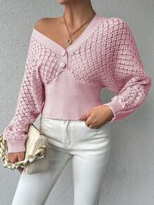 EURMUSE V-Neck Hollow-Out Button Detail Knit Pullover - Baby Pink - View 5