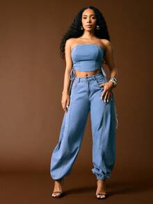 Vixey 缝线细节弹力牛仔高腰哈伦裤 - 淺色水洗藍 - 查看 3