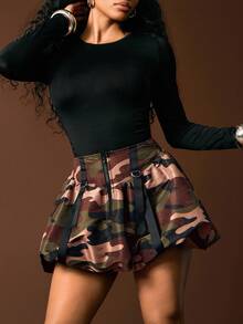 Vixey Camo Print Taffeta Utility Bubble Hem Skirt, Casual - Multicolor - View 3