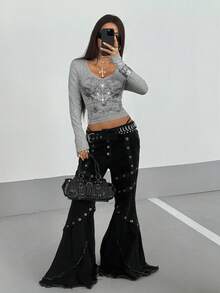 StreetHx Camiseta de manga larga con estilo de moda callejera vintage gótica, adornada con cristales, estilo de los años 2000 Y2K, para mujer, para otoño/invierno