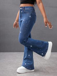 少女 Y2K 春夏假期纯色水洗优雅高腰水钻弹力牛仔喇叭裤，毛边下摆，少女夏季海滩波西米亚风度假喇叭裤，夏季音乐会节日休闲狂欢装，少女夏季早午餐教堂毕业装，街头服饰，返校装 - 中等水洗藍 - 查看 3