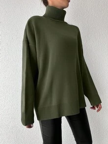 EURMUSE Women's Solid High Neck Casual Pullover Sweater - Olive Green - View 5