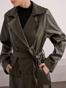 Heiryn Abrigo largo de mujer con cruce, cinturón y manga larga, dunicolordo, elegante, para otoño e invierno - Verde Oscuro - Ver 5