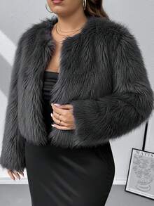 SHEIN Privé Plus Size Women Solid Color Loose Fit Faux Fur Collar-Less Long Sleeve Jacket, Winter