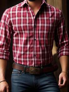 Manfinity Homme Casual Loose Plaid Long Sleeve Western Shirt For Men, Streetwear Western Shirts Men Rodeo Shirts, Fall, Christmas