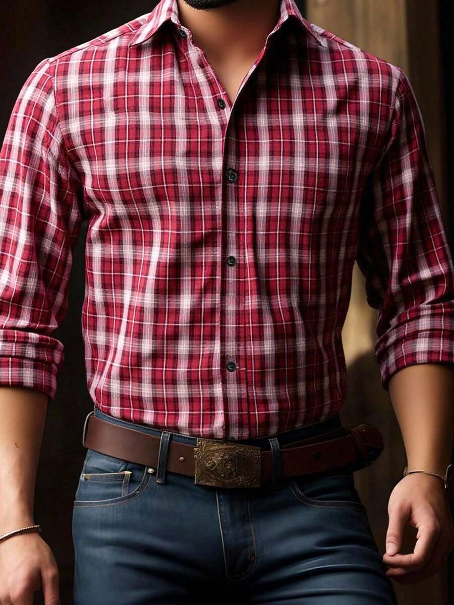 Manfinity Homme Casual Loose Plaid Long Sleeve Western Shirt For Men, Streetwear Western Shirts Men Rodeo Shirts, Fall, Christmas