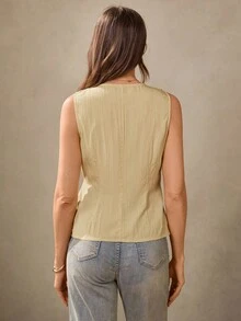 Wildy 休闲美式乡村风格奶油黄色细肩带无袖背心，适合教师、办公室通勤、复古风格 - 卡其色 - 查看 6