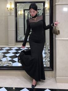 DAZY Gaun Pesta Pernikahan Modis Tanpa Punggung dengan Detail Renda Jala yang Pas di Badan, Model Duyung, Cocok untuk Bepergian, Musim Semi/Panas - Hitam - View 4