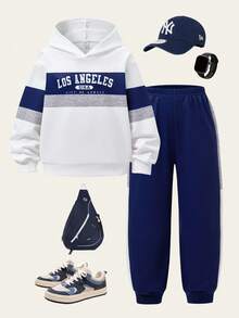 SHEIN Explorewe 2件套男童条纹图案印花运动衫和运动裤套装，休闲校园风格 - 藍色 - 查看 8