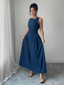 Siren Gaze 女式圆领无袖露背喇叭牛仔连衣裙，夏季时尚 - 深色水洗藍 - 查看 2